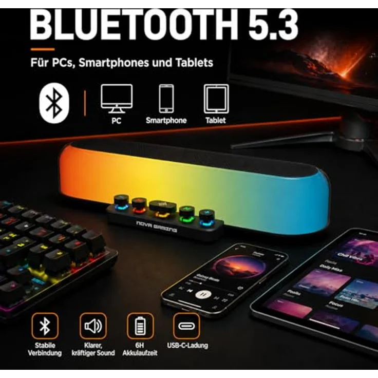 NOVA GAMING URSAE GS205, Gaming-Soundbar mit RGB-LED-Beleuchtung, schwarz, Bluetooth 5.3, 10 W Lautstärke – Bild 5