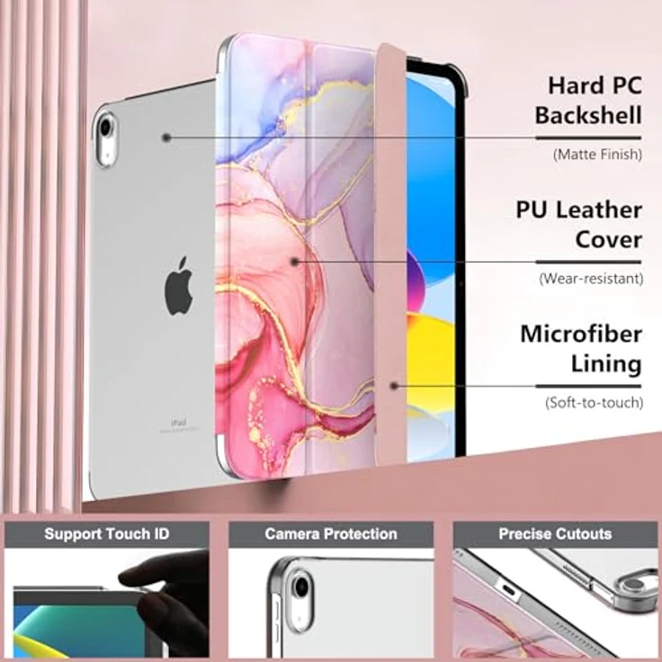 MoKo Hülle für iPad (A16) 11. Generation 11 Zoll 2025, iPad 10. Generation 10,9 Zoll 2022, Schlanke Stand Schutzhülle mit transparenter PC-Rückseite, Unterstützt Touch ID, Hellrosa Goldmarmor – Bild 3
