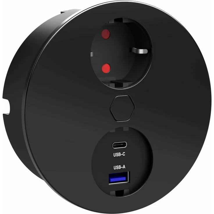 HPF Einbausteckdose Duplex-R, Küchensteckdose in schwarzer Edelstahl-Optik mit USB Typ A/C, 2,0 m Kabellänge