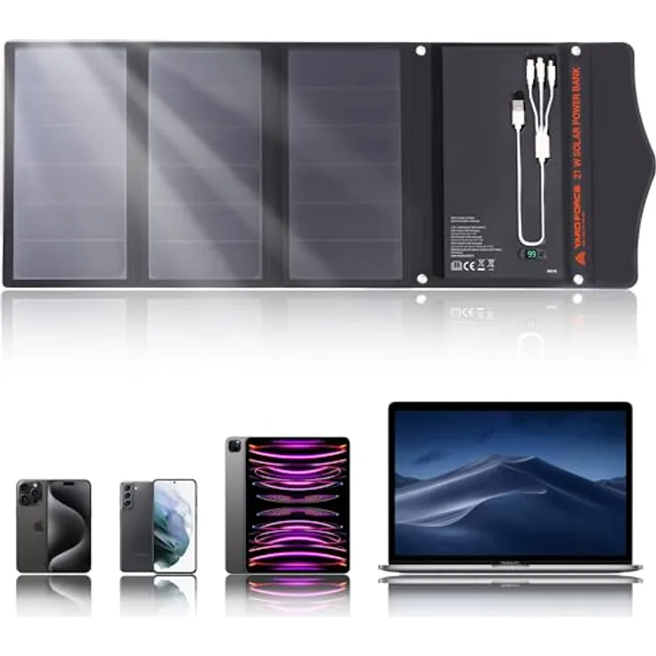 Yard Force Tragbares Solar-Ladegerät LX PB21, Powerbank mit 13000 mAh, 2 USB-Anschlüssen, 21 W, schwarz