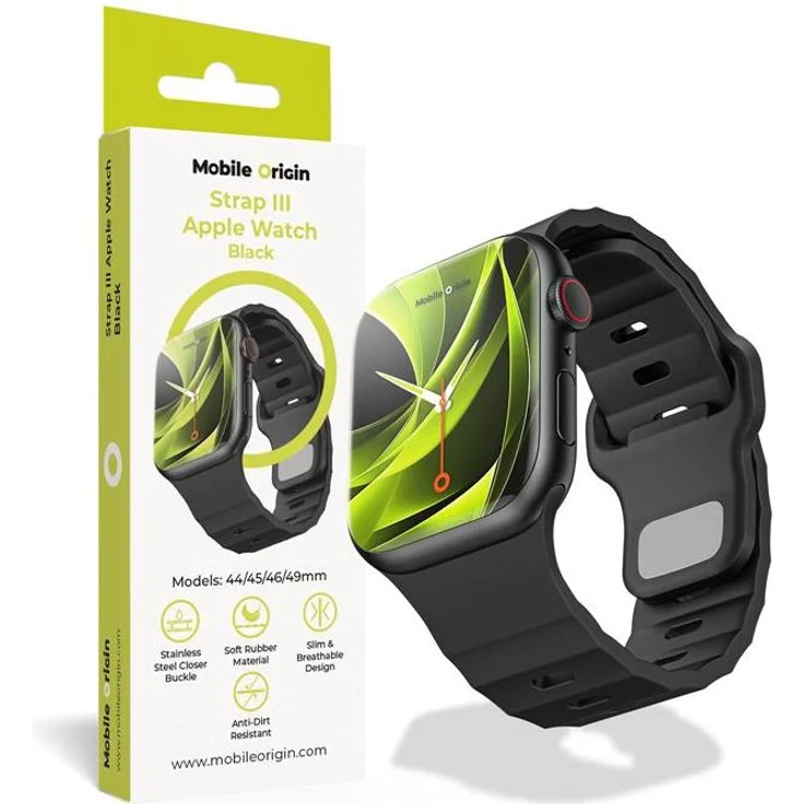 Mobile Origin AWMS-03-BLK, Gurt für Smartwatch, schwarz, aus Fluor-Elastomer, passend für Apple Watch Ultra 1/2/3 (49 mm) und Apple Watch 10/9/8/7 (46/45 mm) mit sicherem Metallverschluss