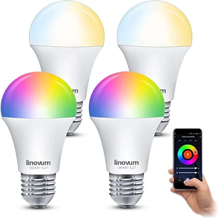 linovum 4er Pack LED Smart Lampe E27 RGBWW, dimmbar per App & Sprache, WLAN Light Bulb, kompatibel mit Alexa und Google Home