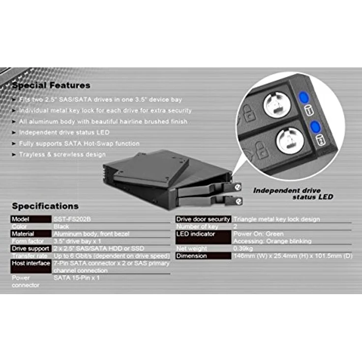 SilverStone SST-FS202B - trägerloser 3,5''Aluminium Hot Swap-Festplatten-Wechselrahmen für 2 x 2,5'' SAS-SATA-HDDs oder SSDs mit Metallschloss an jeder Einschubtür und Statusanzeige-LEDs, schwarz – Bild 19