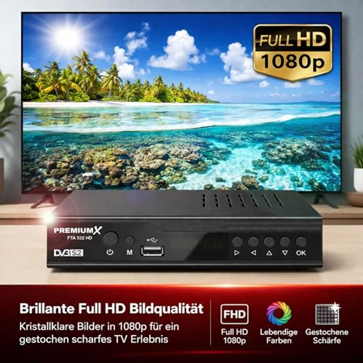 PremiumX FTA 522 HD, DVB-S2 Digital Satellitenreceiver, Unicable tauglich, HDMI & SCART, 2x USB Media Player, 12V FullHD, 4000 Sender Speicher, vorinstallierte deutsche Sender – Bild 2