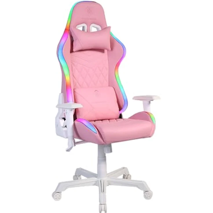 DELTACO GAMING RGB Gaming Stuhl PCH90 - Gamer Chair mit Armlehne, Rückenlehne, Kissen, Bürostuhl Stühle ergonomisch, Gaming-Stuhl RGB Beleuchtung, veganes Leder 120 Kg, (GAM-080-P) pink - rosa – Bild 4