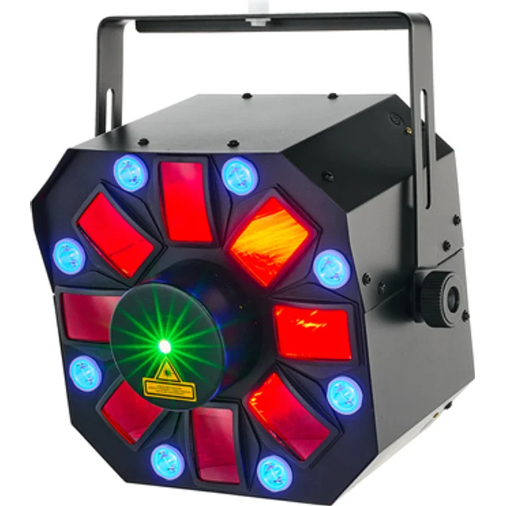 Eliminator Furious Three RG UV, 3-FX-IN-1-Disko-Lichteffekt mit LED-Moonflower, UV-Wash und Laser-Effekten
