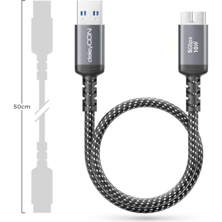 deleyCON 0,5m USB 3.0 Micro B Kabel - 5Gbps, USB A auf Micro B Stecker, Nylonkabel mit Knickschutz, kompatibel mit Toshiba, WD, Seagate, Samsung Galaxy S5/Note 3/Note Pro 12,2 – Bild 3