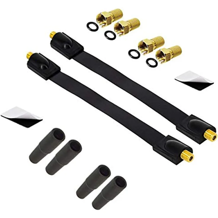 Premium X 2x Sat Fensterdurchführung Set, 4x vergoldete F-Stecker, 4x Gummitüllen, 26cm flaches Koaxialkabel schwarz, DVB-C/DVB-T