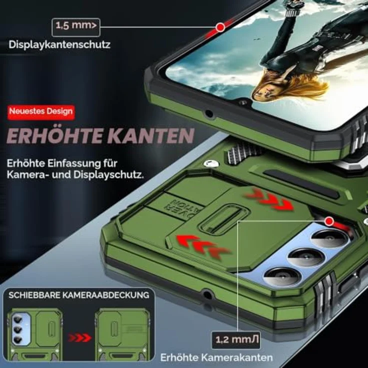 LeYi Hülle für Samsung Galaxy A16 5G, Militärstandard Schutzhülle mit 2x Glasschutzfolie, Dunkelgrün mit Kamera-Schiebeabdeckung und Handyhalterung – Bild 5