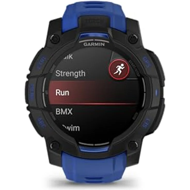 Garmin Instinct 3, 45 mm Outdoor-GPS-Smartwatch mit AMOLED-Display, integrierter Taschenlampe, limitierte Supernova-Kollektion, schwarz mit Bolzenblau/schwarzem Silikonband – Bild 2