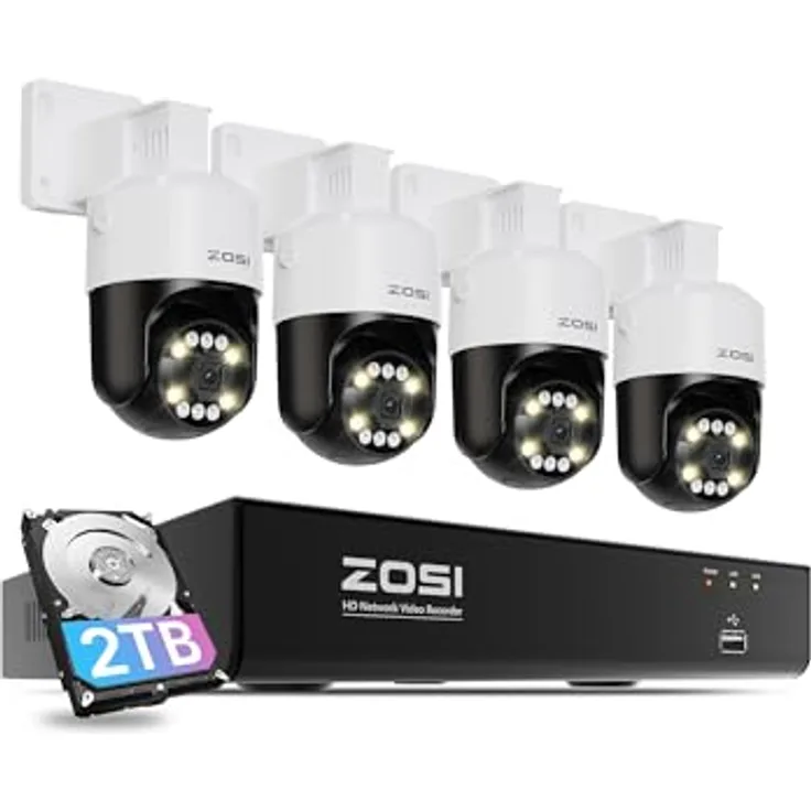 ZOSI 4K Überwachungskamera Set Aussen, 8MP PoE IP Kamera mit 8CH 2TB HDD NVR, 355°/140° Schwenkbar, KI Personen-/Fahrzeugerkennung, Auto-Tracking
