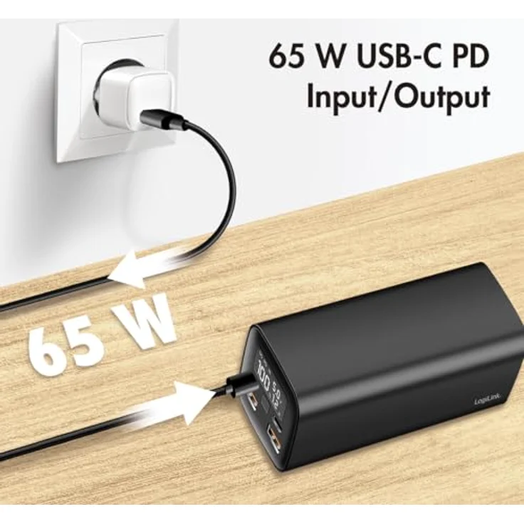 LogiLink PA0350 Powerbank 20000 mAh, QC 3.0 & PD 3.0, 65 W, Aluminium-Gehäuse, LCD-Display, bidirektionales Aufladen – Bild 2