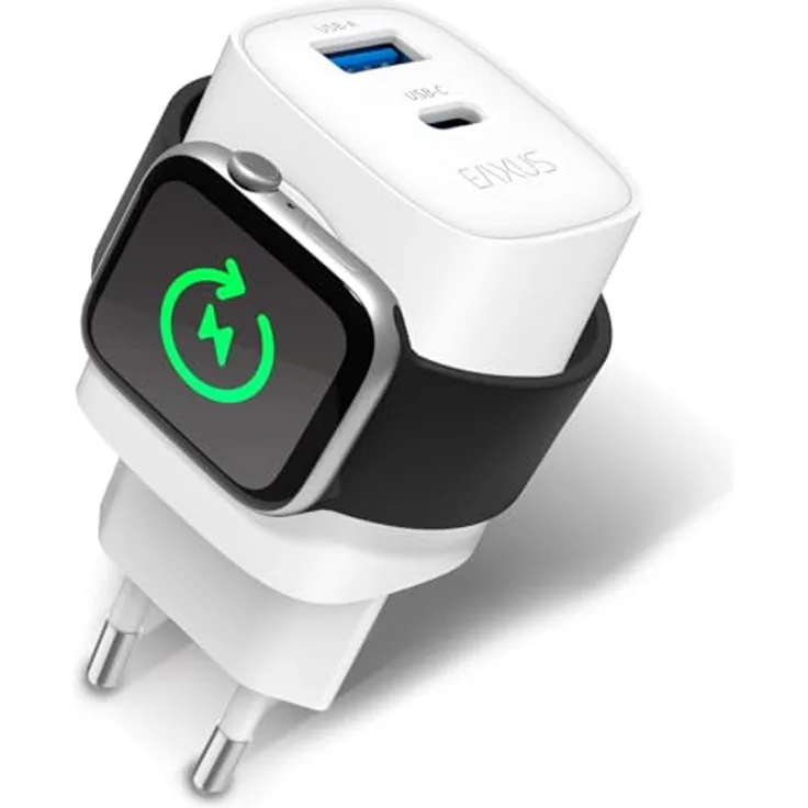 Eaxus 3in1 Netzeil mit USB-C und USB-A, magnetische Aufladestation für Apple Watch, 22W Schnellladung, kompakt und reisetauglich