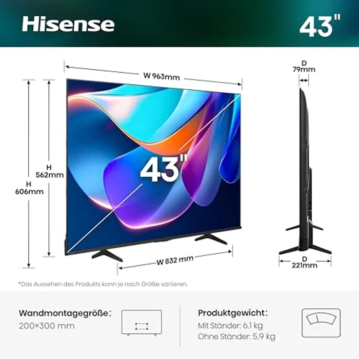 Hisense 43E6DS, UHD Smart TV 4K 60 Hz, 109,2 cm (43"), 3840 x 2160 Pixel, LED, WLAN, Schwarz – Bild 2