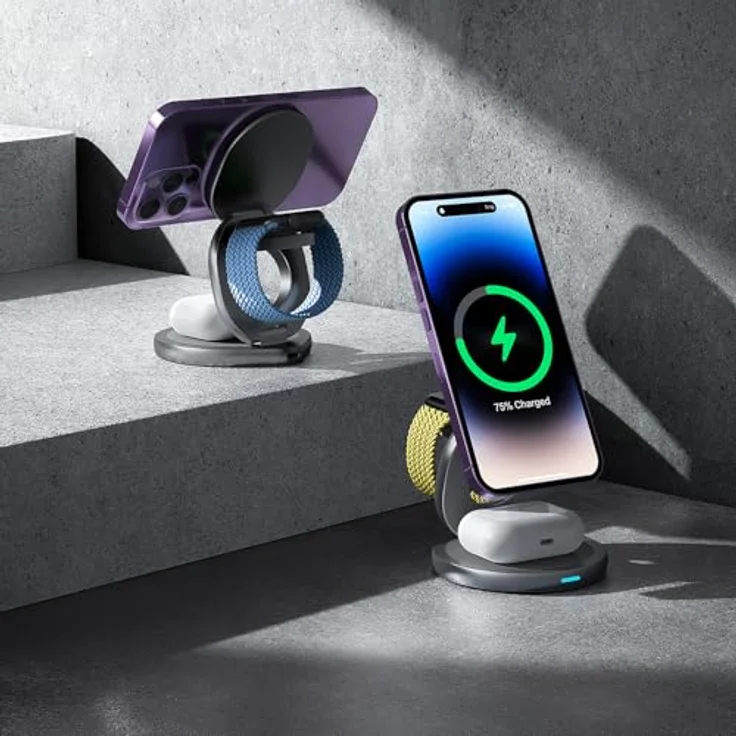 Forever Magnetische Induktive Ladestation 3in1 Grau - Kabelloses 15W Schnellladegerät - 360° Drehbarkeit - Wireless Charger für iPhone – Bild 3