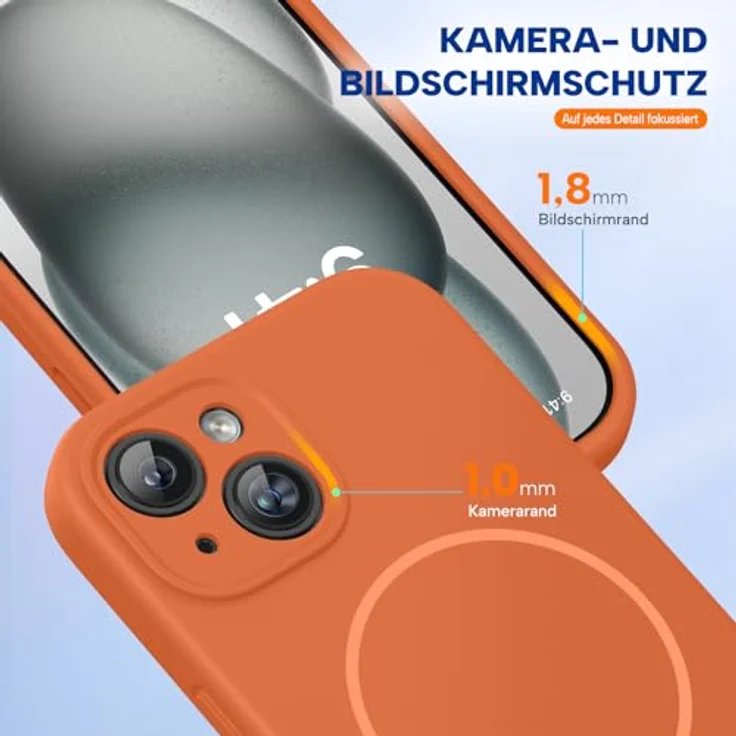 miracase iPhone 15 Hülle mit MagSafe, Flüssigsilikon-Hülle mit kratzfestem Mikrofaser-Innenfutter, stoßfest, Amber Orange – Bild 5