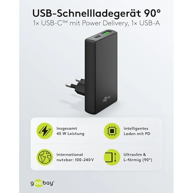 Goobay USB-C PD GaN Dual-Schnellladegerät 45 W, ultraflaches 90°-Design, Schwarz – Bild 2