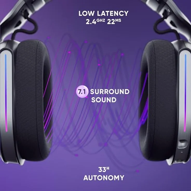 Oniverse Polaris Gaming-Headset, kabellos, PS5, PS4, Switch, PC, mobil, LED, Akku 33 Stunden, virtueller 7.1 Sound – Bild 3