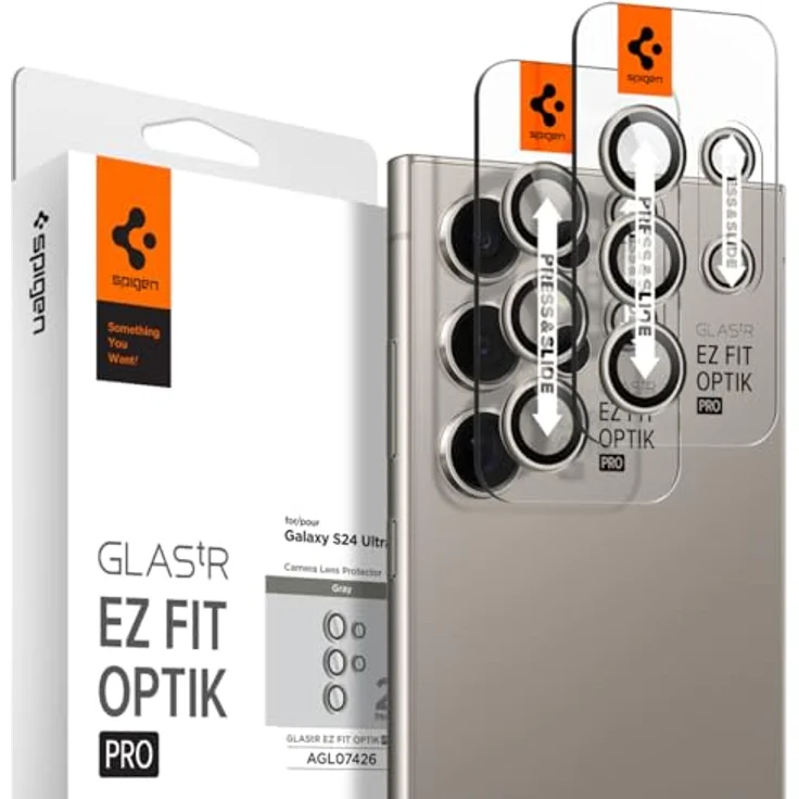 Spigen Glas.tR EZ Fit Optik Pro Kameraschutz kompatibel mit Samsung Galaxy S24 Ultra, 2 Stück, Titanium Gray, Individuelle Kameraprotektion, Anti-Kratzer, 9H Härte Folie – Bild 1
