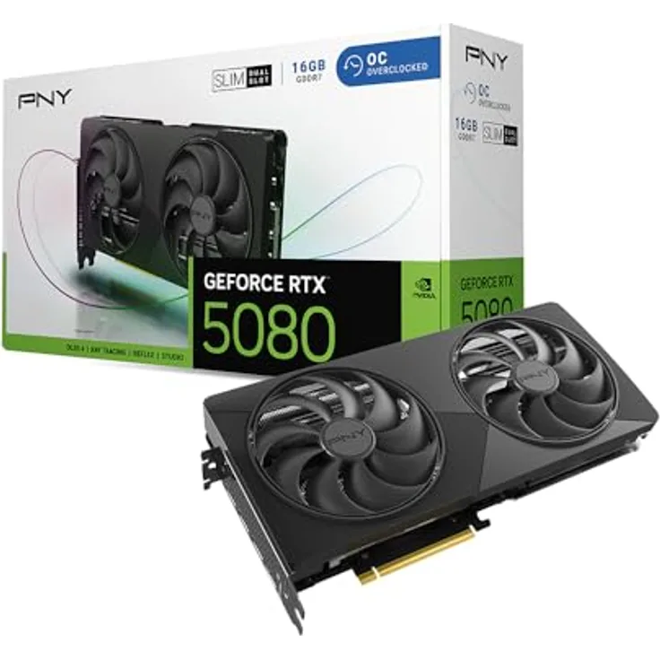 PNY NVIDIA GeForce RTX™ 5080 Slim, Dual-Lüfter OC-Grafikkarte mit NVIDIA Blackwell-Architektur und 120-mm-Kühlung