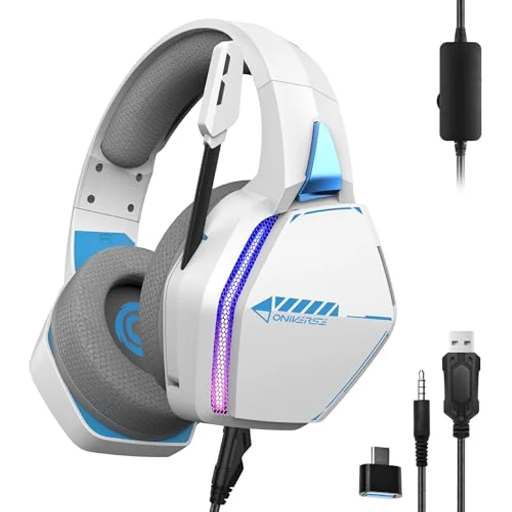 Oniverse Gaming-Headset PS5 PS4 Switch Xbox PC Mac mit verstellbarem Mikrofon, LED, Lautsprecher 50 mm, Ohrpolster aus atmungsaktivem Stoff, kabelgebunden, Nebula (Arctic White/weiß)