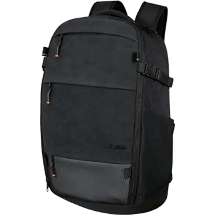 American Tourister Pacepro Laptop Rucksack 17.3 Zoll, organisiertes Fachsystem, Regenschutz mit reflektierenden Details, erweiterbar, Smart Sleeve – Schwarz (Flash Black), 31.5/38 L