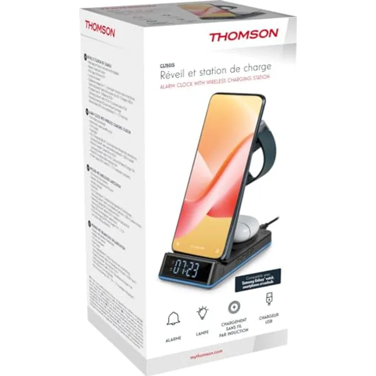 THOMSON 4-in-1 Ladestation mit Wecker für Android, kabelloses Laden für Smartphone, Galaxy® Watch & Earbuds, personalisierbar, Schwarz