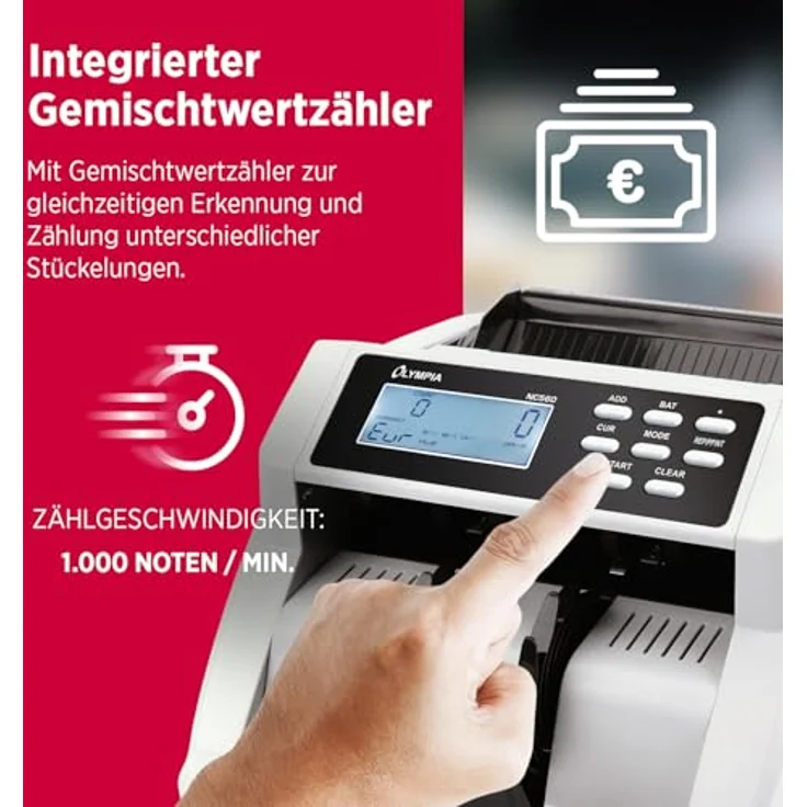 Olympia NC 560 Geldzählmaschine, Gemischtwertzähler für unsortierte Banknoten mit Falschgeldprüfer, 1000 Noten/Min, LCD Display, kompakt, inkl. Anschlüssen für externes Display und Drucker – Bild 4