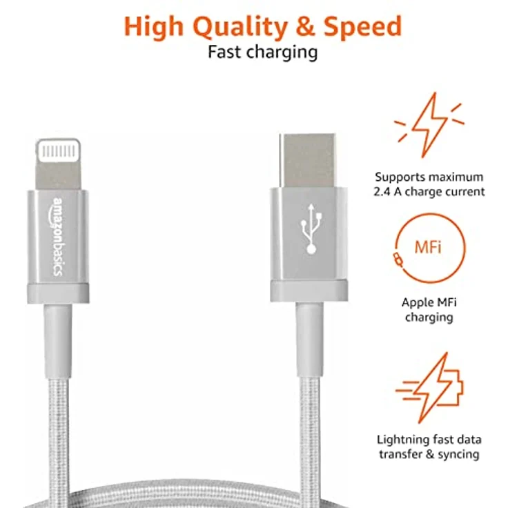 AmazonBasics – Verbindungskabel Lightning auf USB-A, Nylon-umflochten, MFi-zertifiziertes Ladekabel für iPhone, silberfarben, 91,2 cm - Preisvergleich – Bild 3