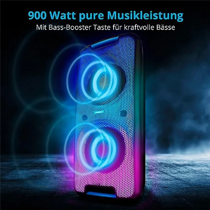 MEDION P61080 Party-Soundsystem (Partylautsprecher inkl. Mikrofon, Karaoke, Akku, Bluetooth, True Wireless Stereo, 2X 450 Watt, Farbige LED, 2X USB, 2X AUX, 2X Mikrofonanschluss, Kompaktanlage) – Bild 3