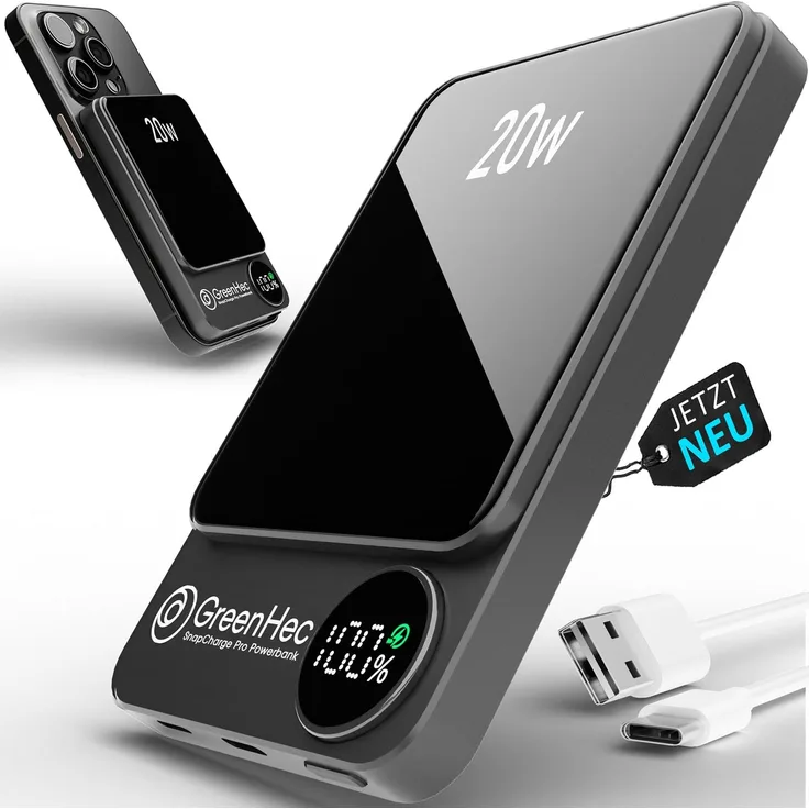 GreenHec SnapCharge Pro, MagSafe Powerbank 5000mAh für iPhone 12-17 Pro Max, magnetisch & kabellos, Space Grey