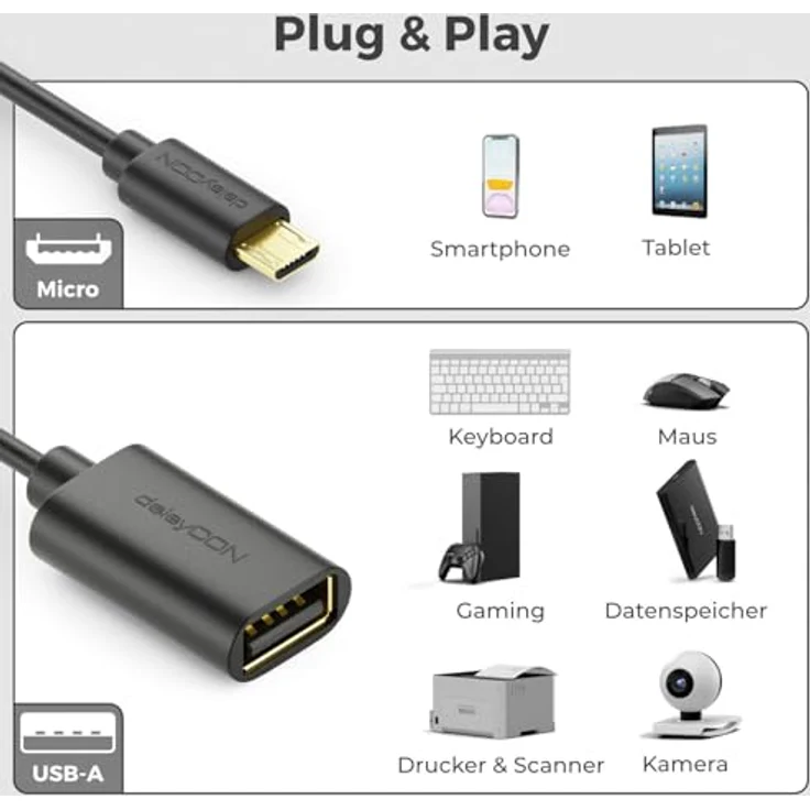 deleyCON 20cm USB 2.0 High Speed OTG Adapterkabel, 2 Stück, USB-A zu Micro-USB B, kompatibel mit Galaxy S7/S6/S5/Note 5/4/3, Schwarz – Bild 2