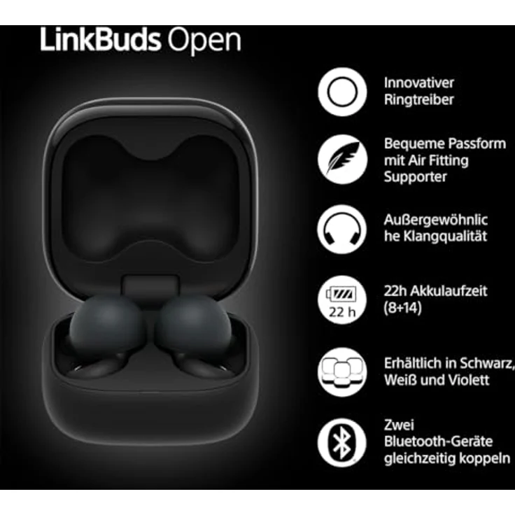 Sony LinkBuds Open – Kabellose Earbuds mit offenem Design, Transparenter Klang, IPX4, 22h Akku – Schwarz – Bild 2