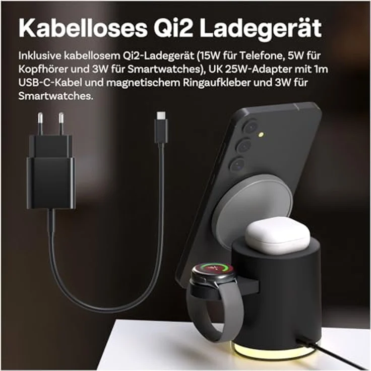 MMOBIEL Induktive Ladestation 4 in 1 Qi2 – Faltbare Kabellose Ladegerät für Samsung Galaxy S25/S24/S23/S22, Watch 7/6/5 und Buds – Inkl. 25W Adapter – Schwarz – Bild 3