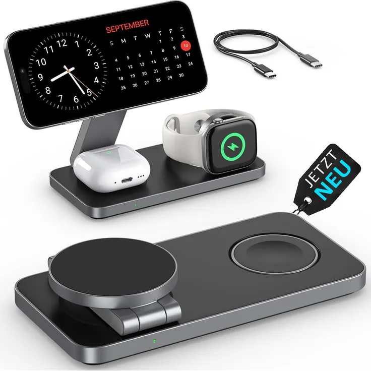 GreenHec 3in1 Magnetic PowerBase Travel Charger, Ladestation für iPhone, Apple Watch & AirPods mit 15W MagSafe, faltbar und kompakt