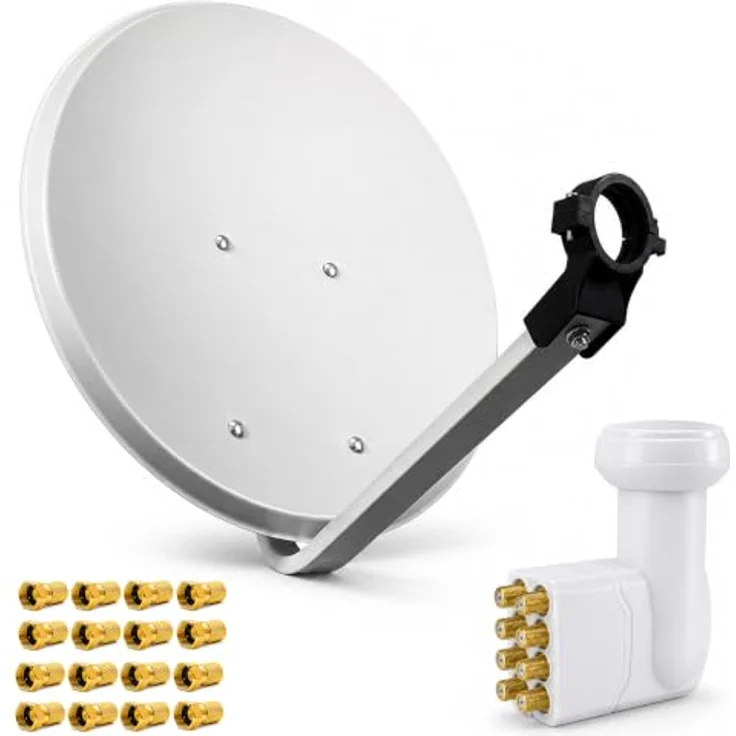 PremiumX SAT Anlage PXS80, 80cm Stahl Hellgrau mit Octo LNB und 16x vergoldeten F-Steckern, optimaler Empfang – Bild 1