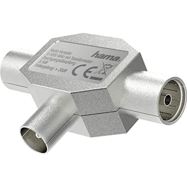 Hama Verteiler Antennenstecker auf 2X Antennenbuchse (Koaxial, Verteiler, Splitter, Matelgehäuse, 1000MHz) Silber – Bild 1