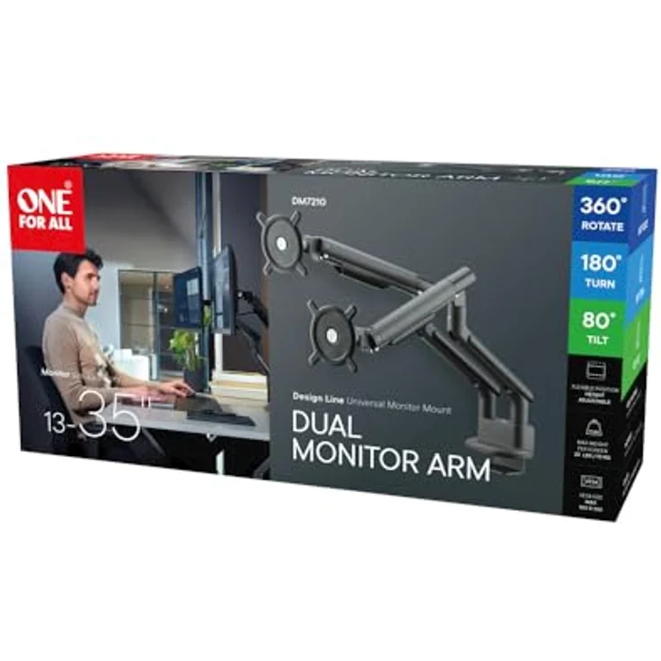 One For All Design Dual Monitor-Tischhalterung für 2 Monitore, 33cm (13") - 81,3cm (32"), Schwarz, ergonomisch höhenverstellbar – Bild 8