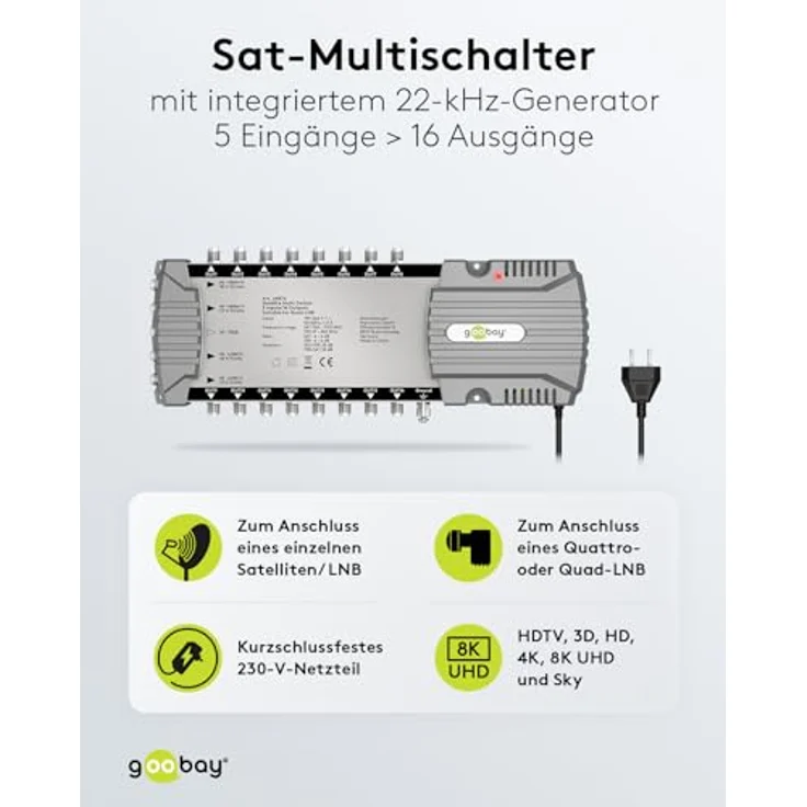 goobay 64876 Sat-Multischalter/Kompakt-Multischalter / 5 Eingänge / 16 Ausgänge / 4K, 8K UHD/DAB+ / für 16 Teilnehmer – Bild 2