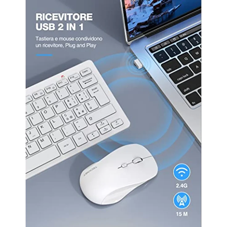 TECKNET Kabelloses Tastatur- und Maus-Set, italienisches QWERTY-Layout, 2,4 G Verbindung, leise Maus, USB-Nano-Empfänger, 12 Multimedia-Shortcuts – Bild 2