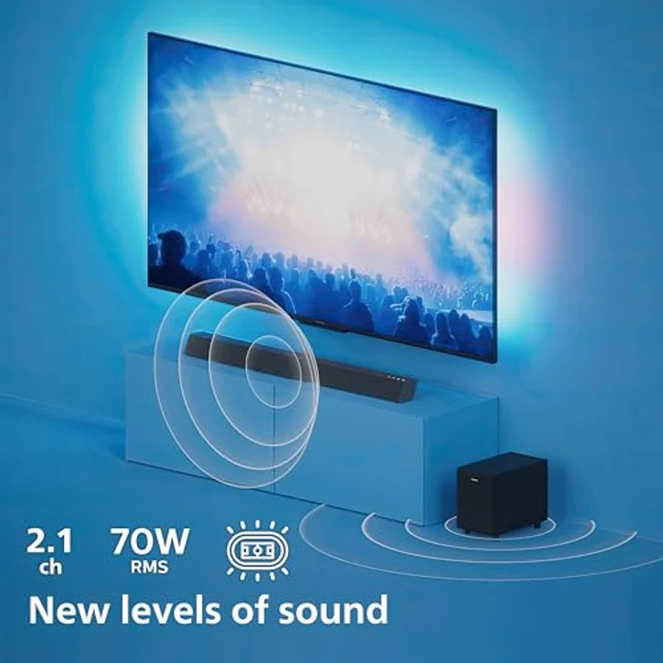 Philips TAB5308/10 Soundbar 2.1 mit kabellosem Subwoofer | 140 W | 4,5" Woofer | 4 EQ-Modi | HDMI ARC | Audio In | Optischer Eingang | Kompakt | Fernbedienung | Wandhalterungen | Dunkelgrau – Bild 3