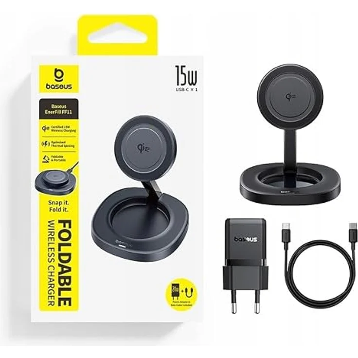 Baseus EnerFill FF11, Faltbares induktives Ladegerät mit MagSafe, Qi2 15W, USB-C 20W Ladegerät und 1m Kabel, Schwarz – Bild 1