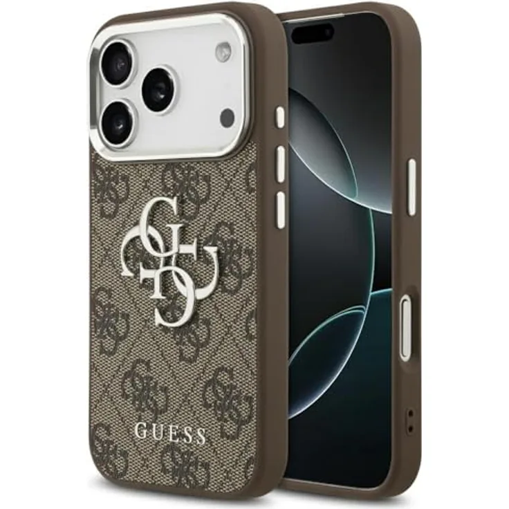CG MOBILE Guess 4G Groß Classic Logo Hülle für iPhone 17 Pro, Hardcase aus TPU/PC/Kunstleder, Braun/Silber