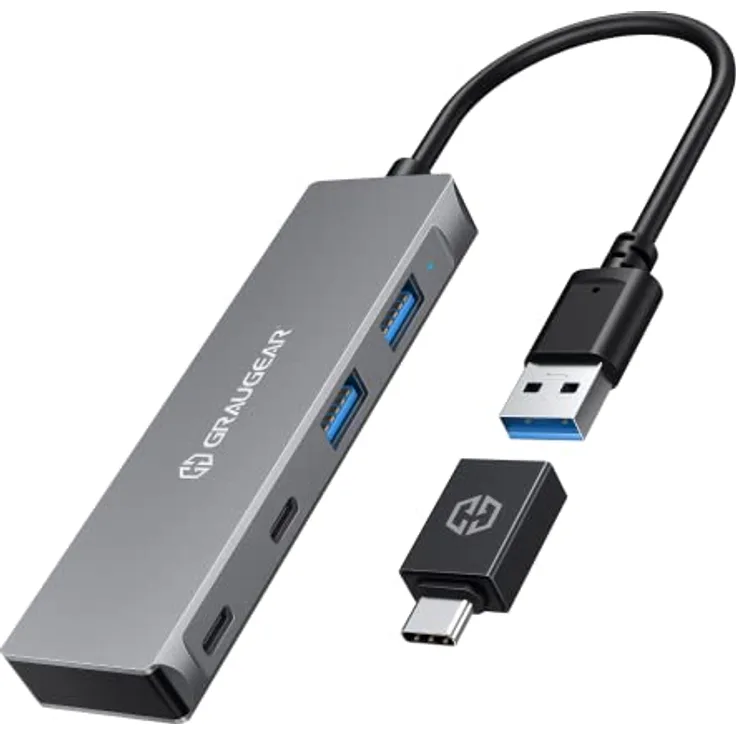 GRAUGEAR | HUB USB 3.0 | 4 Ports | 2X USB-C | 2X USB-A | Aluminium | Kabellänge 20 cm | USB Type-C Adapter | 5Gbit/s | G-HUB2A2C-AC, 18042