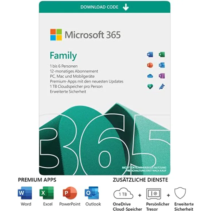 Microsoft 365 Family (inkl. Microsoft Defender) | 6 Nutzer | Mehrere PCs/Macs, Tablets und mobile Geräte | 1 Jahresabonnement |Download Code