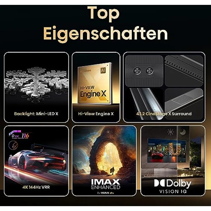Hisense 85UXKQ 217 cm (85 Zoll) Fernseher, 4K Mini LED ULED, Smart TV, HDR10+, Dolby Vision IQ, Triple Tuner, 144 Hz (VRR), Airplay, Alexa Built-in, Dolby Atmos, Anthrazit (2023) – Bild 3