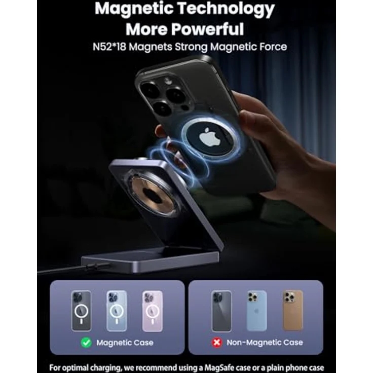 UGREEN MagFlow magnetische 2 in 1 Ladestation für iPhone, kompatibel mit MagSafe, faltbares Wireless Charger für iPhone 16/16 Pro/16 Pro Max/14/13/12, AirPods - Schwarz – Bild 5