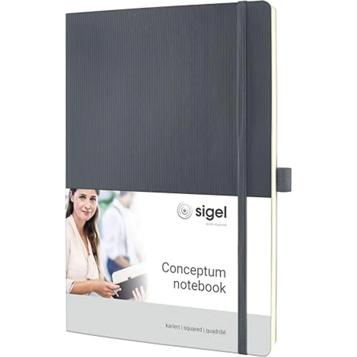 Sigel Conceptum Notizbuch A4, 194 Seiten, Softcover kariert, 80g, dunkelgrau, mit Stiftschlaufe und Gummibandverschluss – Bild 1