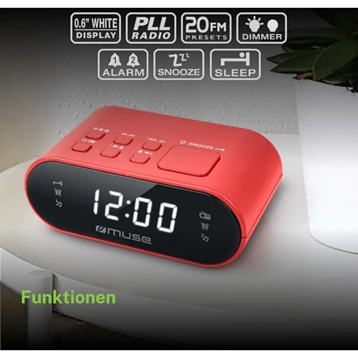 Muse M-10 RD Radiowecker mit LED-Display, Zwei Weckzeiten, dimmbar, digitaler UKW-Tuner, 20 Senderspeicher, rot – Bild 8