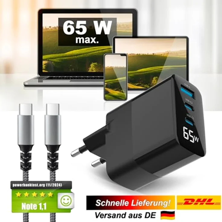Eaxus USB Ladegerät mit 3 Ports, 2x Typ-C & 1x Typ-A, 65 Watt, inkl. USB-C Ladekabel, schwarz – Bild 2